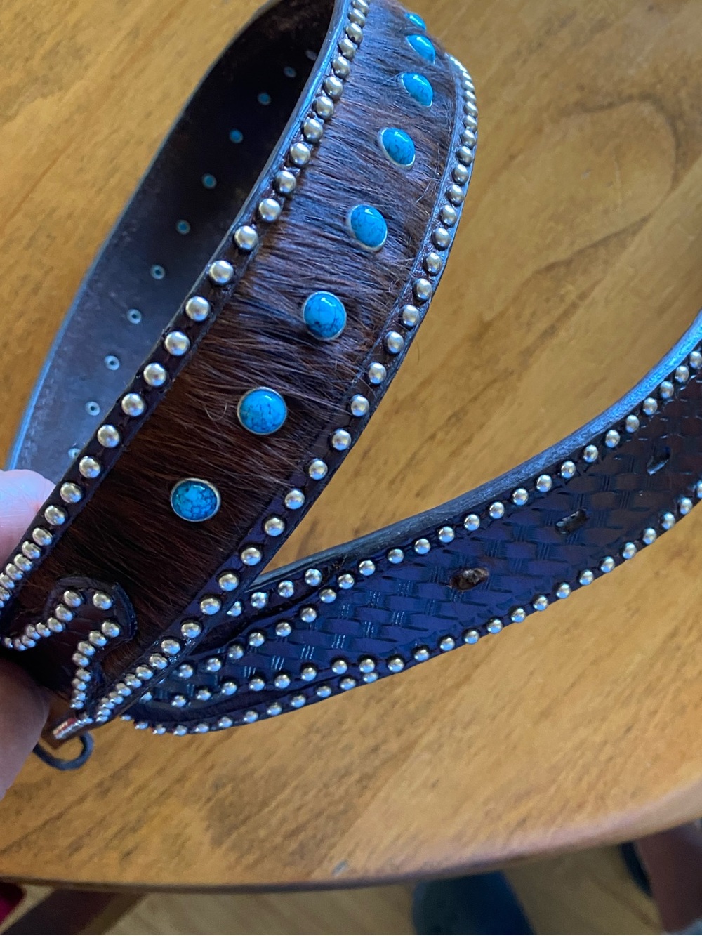 Pintlar genuine leather torquoise studded hair on hide western belt size 36